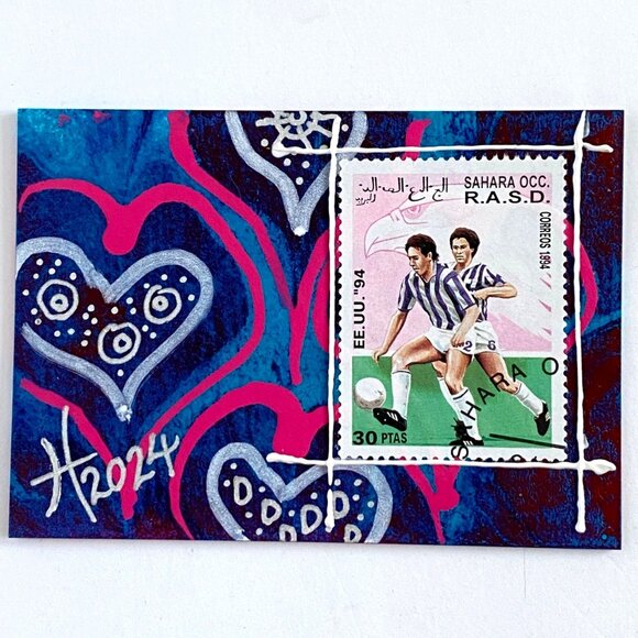 ACEO Original Mixed Media Art 1994 W Sahara Soccer World Cup Postage Stamp ATC - Picture 1 of 2